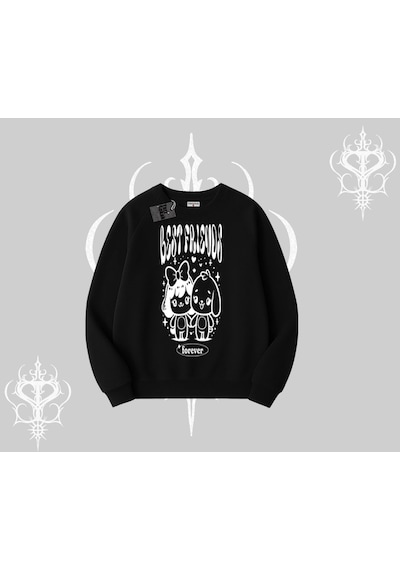 Biskilet Sweatshirt Best Friends Forever Baskılı Sevimli Tasarım Siyah