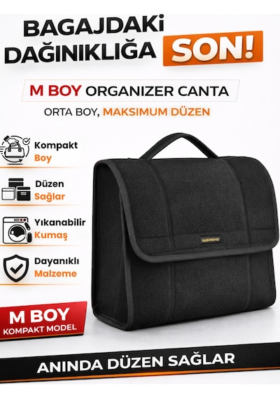 Oto Bagaj Organizer Bagaj Çantası M Boy Kaymaz Cırt Bantlı Velur Kompakt - Siyah