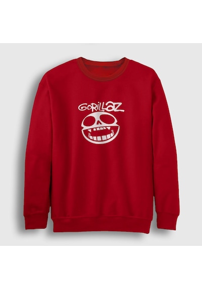 Presmono Unisex Logo Gorillaz Sweatshirt Kırmızı