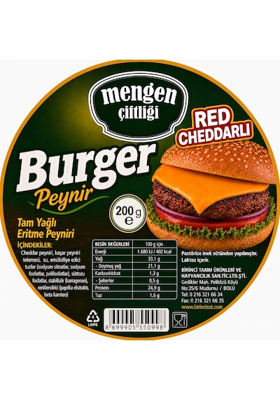 Birinci Süt Mengen Çiftliği Red Cheddarlı Burger Peyniri 200 G
