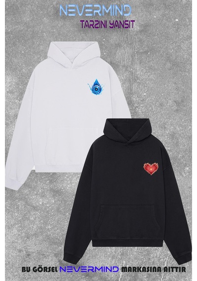 Nevermind Unisex Çift Kombini 2 Li Oversize Hoodie Kalp & Göz Tasarımlı Swe Siyah