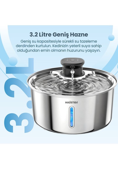 Haustier Wf05 Otomatik Kablosuz Kedi Su Pınarı, Sensörlü , Bataryalı , Ultra Sessiz, Çelik , 3.2lt Hazne