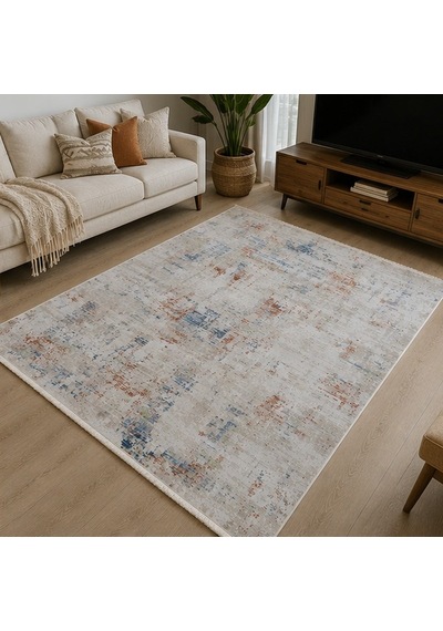 Otantik Modern Eskitme Saçaklı Salon Halısı Krem Antrasit Kiremit 200x290 Cm 1