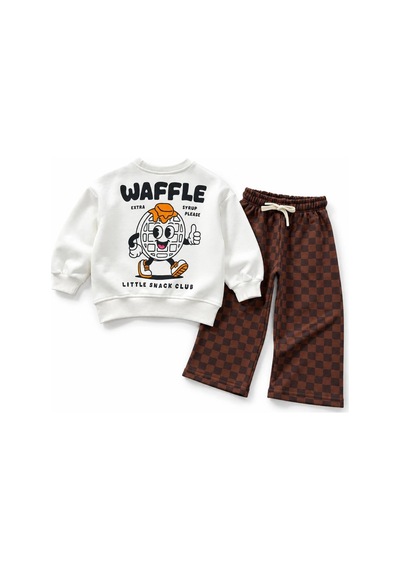 Waffle Baskılı Sweatshirt Ve Kahverengi Kareli Eşofman Alt Üst Takım Süper Kalite