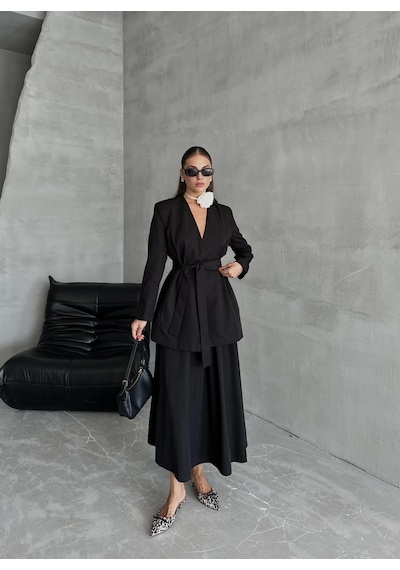 Siyah Elegant Kuşaklı Ceket Siyah