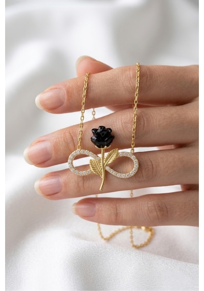 Çekirdekjewelry Siyah Gül Sonsuzluk Kolye 925 Ayar Gümüş Altın Kaplama Zarif Kadın Kolyesi Sarı
