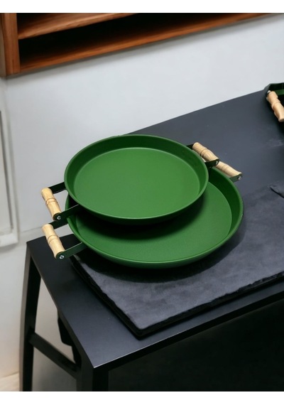 2'li Ahşap Kulplu 37 Cm Yeşil Ve 30 Cm Yeşil Tepsi Çay Kahve Sunum Tepsisi 37ve30cm Yeşil