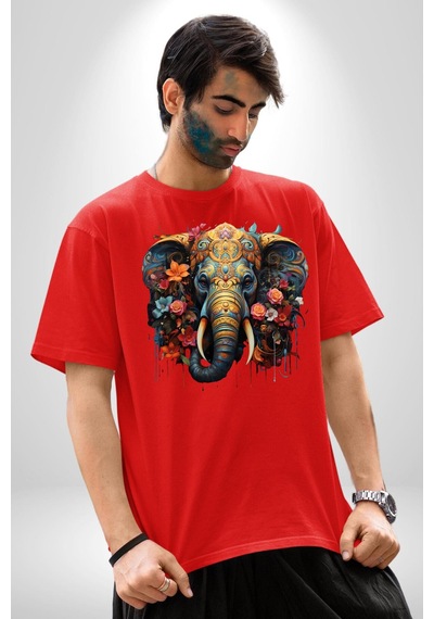 Bereket Fil Hintli Tasarım Pamuklu Bisiklet Yaka Unisex Oversize Boyfriend Dijital Baskılı Kırmızı T-shirt Kırmızı