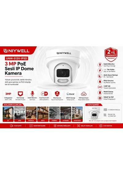 Uniywell 3.0 Mp Poe Sesli Ip Dome Kamera Dahili Mikrofon Akıllı Gece Görüşü Onvıf Ev Ve Ofis Güvenlik Kamerası