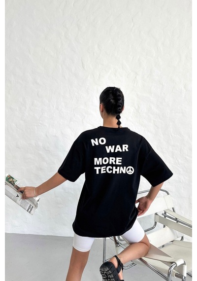 Technomonkey Unisex Siyah Oversize No War More Techno Baskılı Tişört