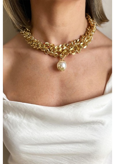 Büyük İnci Detaylı Üçlü Choker Kolye Krem