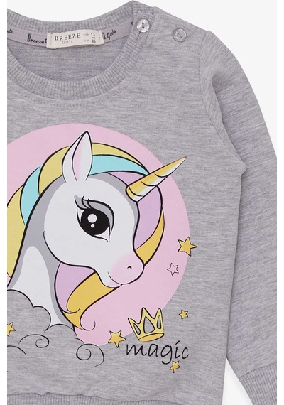 Breeze Kız Çocuk Sweatshirt Baskılı Unicorn 1.5-5 Yaş, Gri Melanj