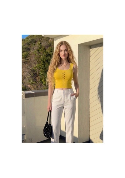 Onno Style Women Kolsuz Askılı Delikli Triko Kadın Bluz Hardal