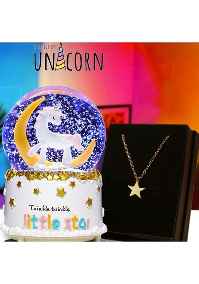 Sevimli Unicorn Işıklı Kar Küresi Ve Sihirli Yıldız Kolye Arkadaşa Hediye