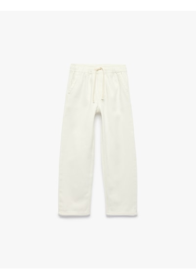 Koton Pamuklu Beli Bağcıklı Cepli Rahat Kesim Denim Pantolon Beyaz 6skb40016td
