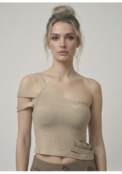 Neden Tekstil Asimetrik Tek Omuz Triko Crop Bluz - Bej