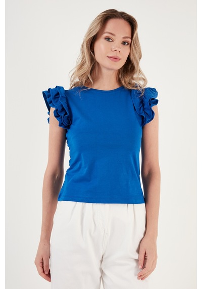 Lela Pamuklu Kolları Fırfırlı Slim Fit Bisiklet Yaka Bayan T Shirt 5864500 Saks