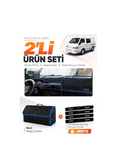 E-biz Mıtsubıshı L300 2000-2010 Uyumlu Torpido Örtüsü + Deri Bagaj Çantası - Siyah-mavi - Mı011