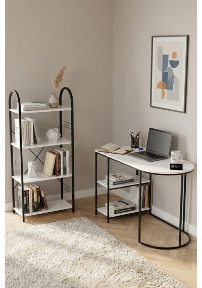 Çalışma Masası Ve Kitaplık Seti Metal Ayaklı, Minimalist Tasarım, Geniş Masa Alanı, Çok Raflı Depolama,modern 125 Beyaz Çalışma Masası Ve Kitaplık Seti Metal Ayaklı, Minimalist Tasarım, Geniş Masa Alanı, Çok Raflı Depolama,modern 125 Beyaz