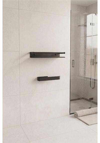 Zift Unique Paslanmaz Çelik Yapışkanlı Duş Rafı Ve Havluluk Set, Havlu Askısı Ve Banyo Rafı Siyah