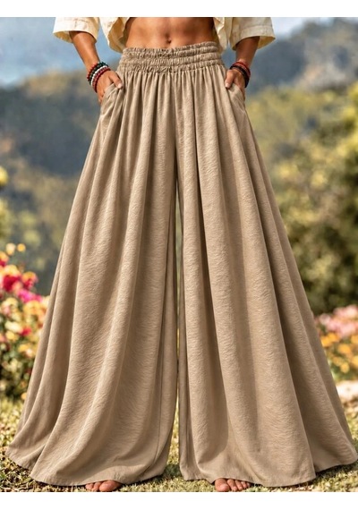 Defymoda Yüksek Belli Lastikli Geniş Paçalı Etek Pantolon Krem
