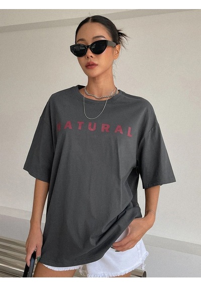 Füme Oversize Natural T-shirt - Oversize Baskılı Füme