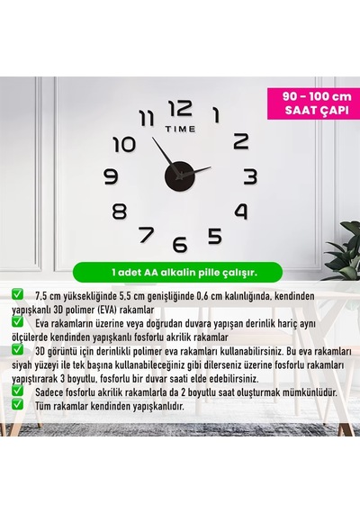 Upway Fosforlu 3d Dıy Sessiz Duvar Saati Dekoratif Yapışkanlı 90/100 Cm Siyah