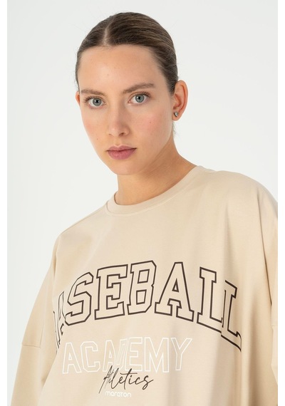 Maraton Oversize Kadın Bisiklet Yaka Bej- Sweatshirt Bej-