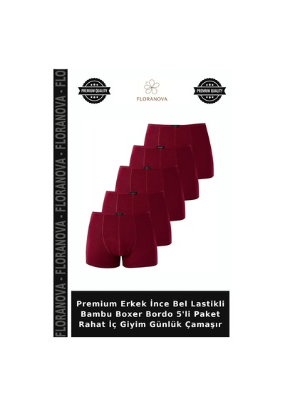Floranova Premium Erkek İnce Bel Lastikli Bambu Boxer Bordo 5'li Paket Rahat İç Giyim Günlük Çamaşır