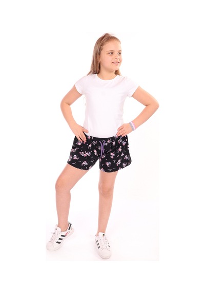 Toontoy Kız Çocuk Baskılı Beli Lastikli Basic Şort Siyah