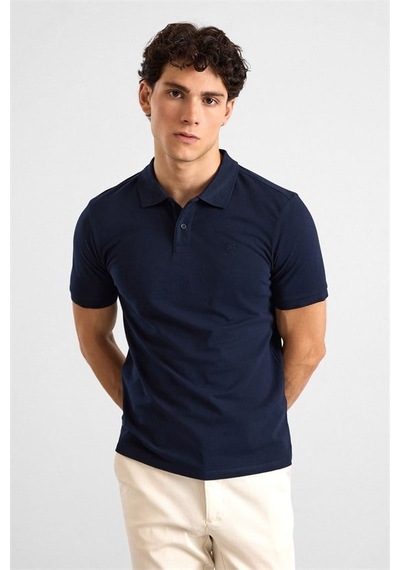 Süvari Lacivert Slim Düz Baskısız Pike Düğmeli Polo Yaka Tişört Ts1014000459-m09