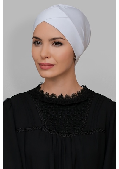 Hürrem Bone Beyaz Pratik Hazır Geçmeli Tesettür Bone Sandy Kumaş Çapraz Büzgü (545490416) Beyaz
