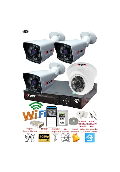 Fury 4 Kameralı 5mp 3.6mm Lens 2mp Görüntü 6 Atom Led Gece Görüşlü Fullhd Güvenlik Kamerası 5525di 320gb