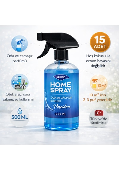 Uzman Home Spray Posedion Oda Spreyi - Çamaşır Kokusu 500 Ml 15 Adet Ev, Ofis, Araç Okyanus