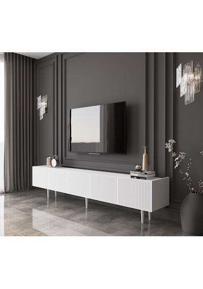 Capella Country Mdf Beyaz 5 Kapak Ahşap Ayaklı 200 Cm Tv Ünitesi