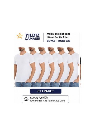 Yıldız Çamaşır Erkek Modal Bisiklet Yaka Likralı Fanila Atlet 335-336-337-338 - 6 Adet Beyaz