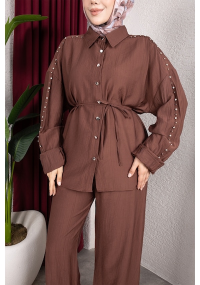 Hira Life Fashion Kadın Kolu Taş Detaylı Bel Bağlamalı Salaş Keten Gömlek Pantolon İki 'li Şık Takım Kiremit Kiremit Hira Life Fashion Kadın Kolu Taş Detaylı Bel Bağlamalı Salaş Keten Gömlek Pantolon İki 'li Şık Takım Kiremit Kiremit