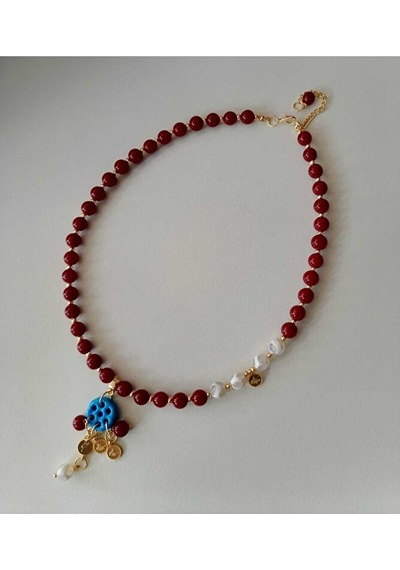 Luna Yeşil Tibet Akiği Lav Taşı Siyah Oniks Süryani Cam Boncuk Detaylı Tasarım Kolye Bordo