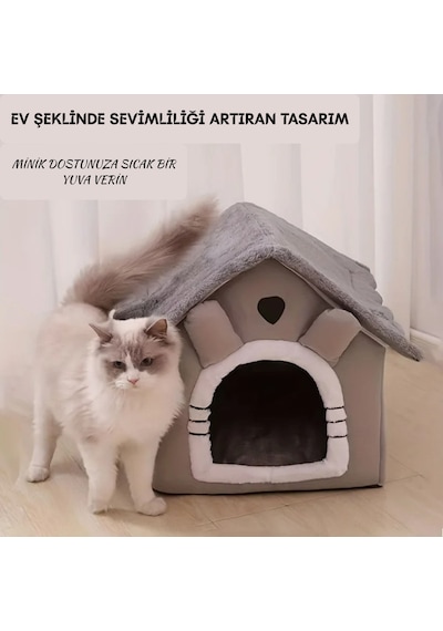 Hpytech Peluş Yumuşak,kedi & Küçük Köpek Evi Kapalı Kulübe Tasarım Sıcak, Konforlu, Yıkanabilir Minderli Evcil Yatak