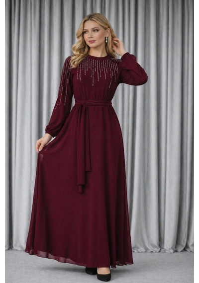 Lunara Işıltılı Kadın Astarlı Şifon Abiye Elbise Yz2508 Bordo