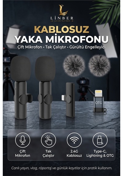 Kablosuz Tüylü Siyah Yaka Mikrofonu Type-c İos Uyumlu 2 Li Set Tak Çalıştır Siyah Siyah