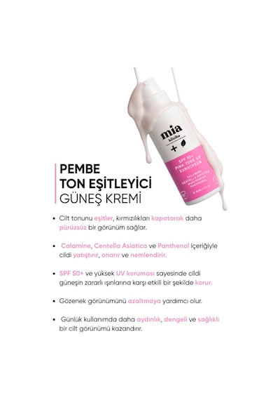 Mia Klinika Pink Tone Up Ton Eşitleyici Pembe Yüz Güneş Kremi SPF50+ 50 ML