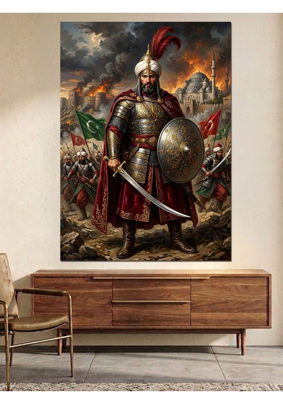 Fatih Sultan Mehmet Ve Sancaklı Ve Zırhlı Savaşçı Dekoratif Kanvas - Mdf Ahşap Tablo Çok Renkli