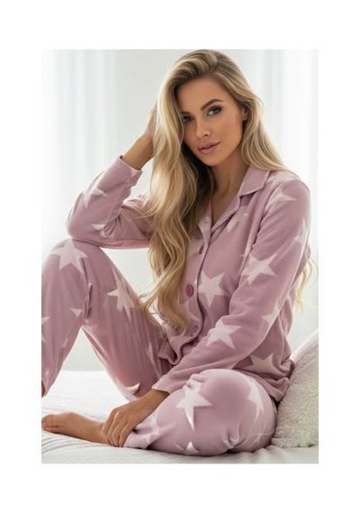 Siyah İnci Yıldız Desenli Düğmeli Polar Kışlık Örme Pijama Takım Pembe
