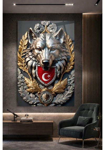 Bozkurt Türk Bayrağı Arması Cam Tablo Şık Duvar Tablosu Uv Baskılı Canlı Renkler Kafe Ve Ofis İçin Ev Hediyesi Parlak Cam Yüzey