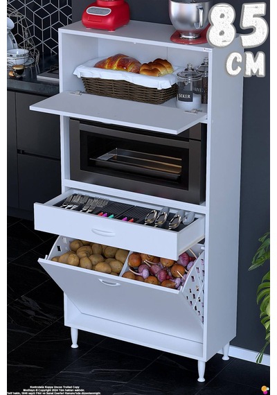 Vio 85 Cm Fırın Dolabı Sepetli Çekmeceli 1 Kapak Mini Midi Mutfak Dolabı Beyaz