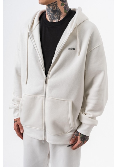 Erkek Respire Yazı Detaylı Kapüşonlu Basic Zip Oversize Hoodie Ekru