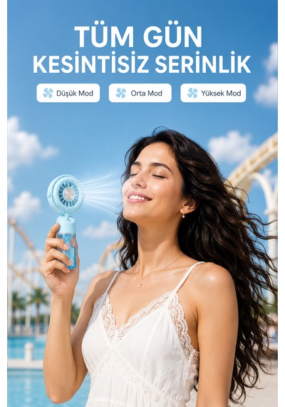 Taşınabilir Şarjlı Su Püskürtmeli 3 Kademeli Mini El Fanı Mavi