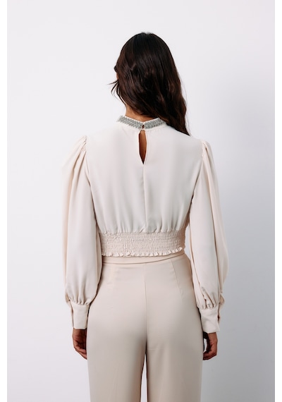 Sateen Yaka Aksesuarlı Bluz - Bej-135190 BEJ Bej