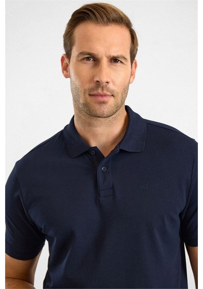 Süvari Lacivert Slim Düz Nakışlı Pike Düğmeli Polo Yaka Tişört Ts1014000474-m09
